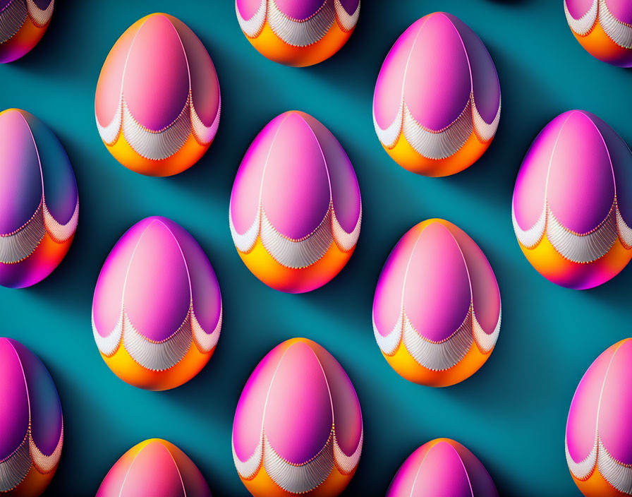 Glossy Pink and Orange Eggs Pattern on Teal Background