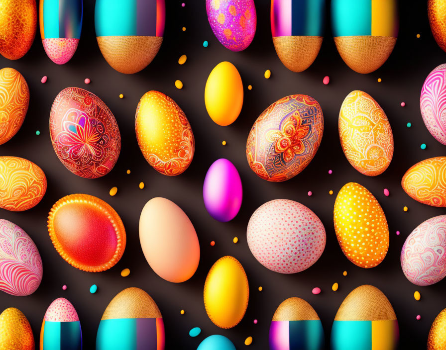 Colorful Easter Eggs with Patterns on Dark Background and Confetti
