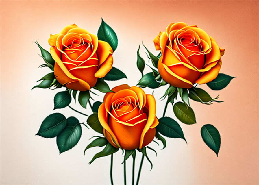Three vibrant yellow-orange roses with detailed petals and green leaves on a soft peach background