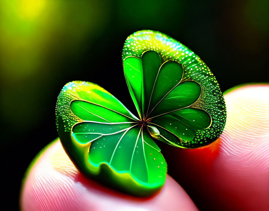 Green Shamrock with Dewdrops on Fingertip Against Blurred Background