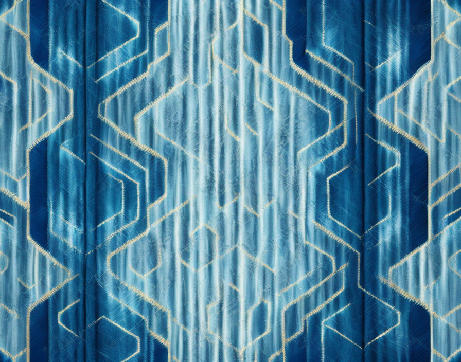 Symmetrical geometric pattern on blue tie-dye fabric