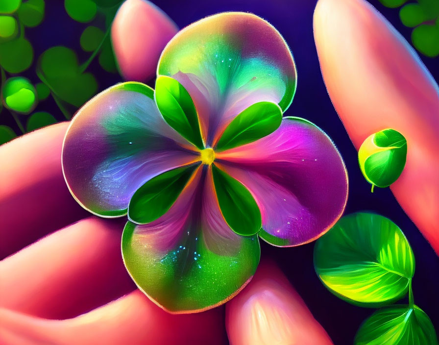Colorful digital art of gradient four-leaf clover on fingers with green background