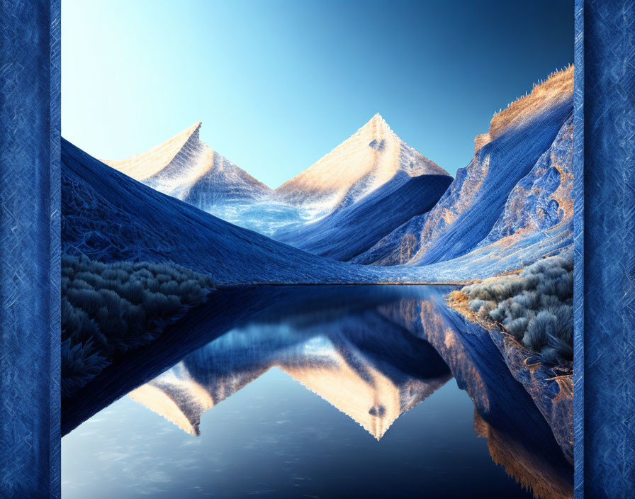 Mountain Peaks Reflected in Lake Against Blue Walls