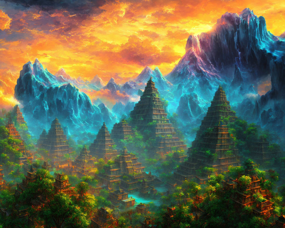 Vibrant fantasy landscape with glowing temples, lush forest, blue mountains, and dramatic sunset sky