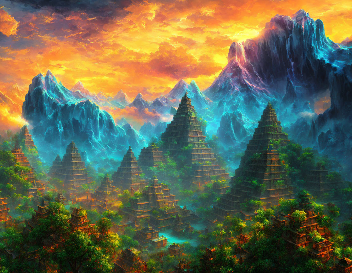 Vibrant fantasy landscape with glowing temples, lush forest, blue mountains, and dramatic sunset sky