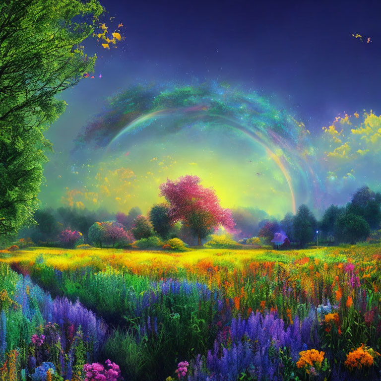 Colorful Flowers in Vibrant Meadow with Surreal Sky & Rainbow