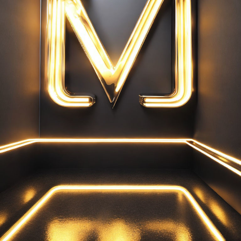 Neon "M" letter glowing in minimalist dark space