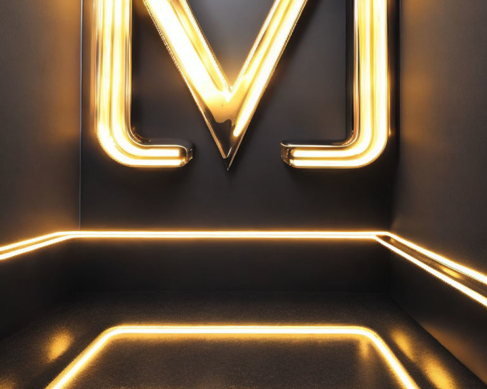 Neon "M" letter glowing in minimalist dark space