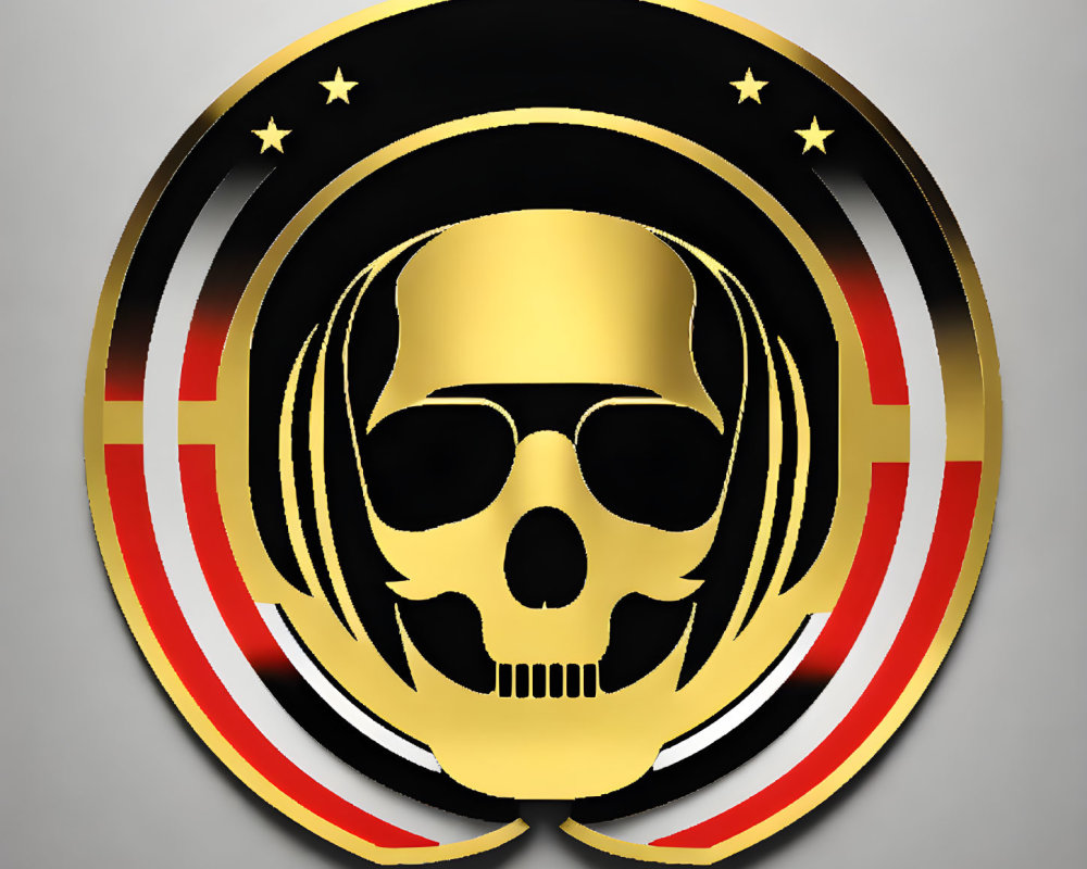 Circular emblem with black skull, red, gold stripes, stars on grey background