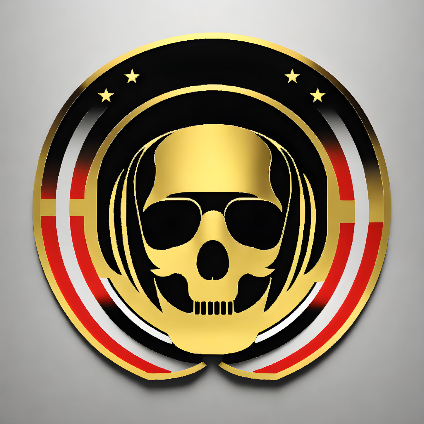 Circular emblem with black skull, red, gold stripes, stars on grey background