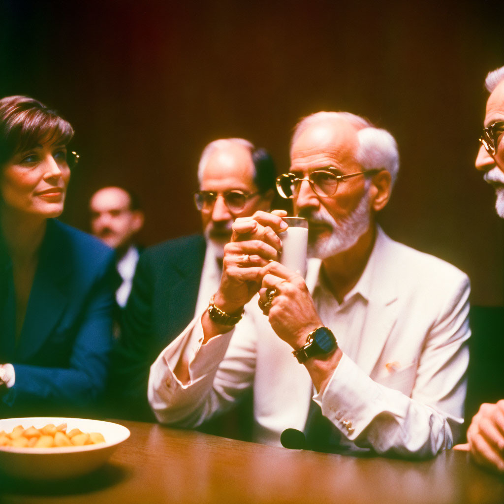 Elderly man in white jacket with cup, surrounded by colleagues