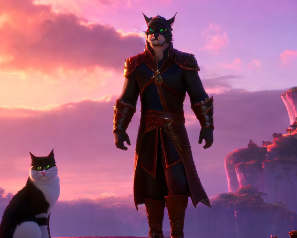 Animated cat in medieval outfit and mask beside regular cat in purple sunset with floating islands