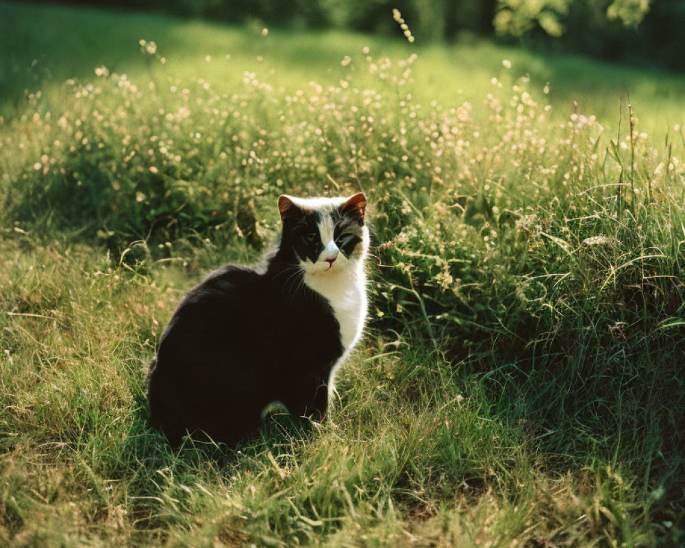 Black and White Cat Sitting on Grass in Sunlight