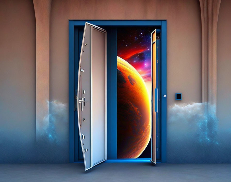 Vibrant cosmic scene with large orange planet and nebulae through open doorway