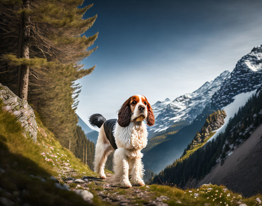 Cavalier King Charles Spaniel on mountain path with snowy peaks