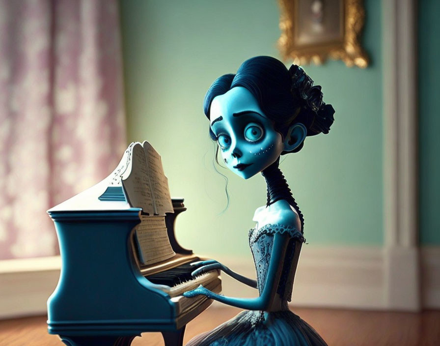 Blue-skinned animated character at piano in pastel room