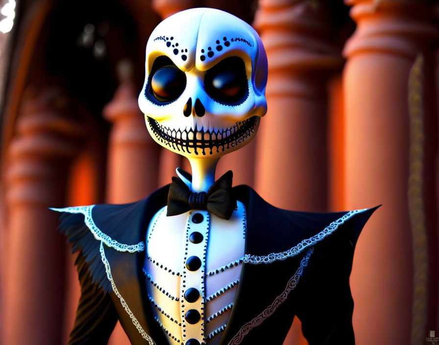 Colorful Stylized Skeleton Figure in Formal Suit with Bow Tie