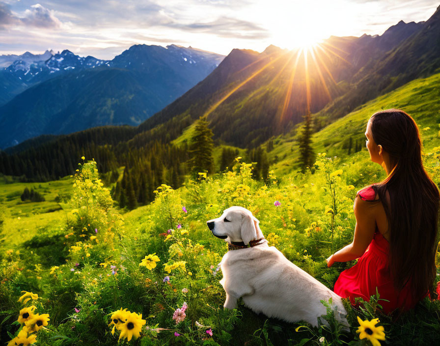 Woman in Red Dress with White Dog in Meadow at Sunset