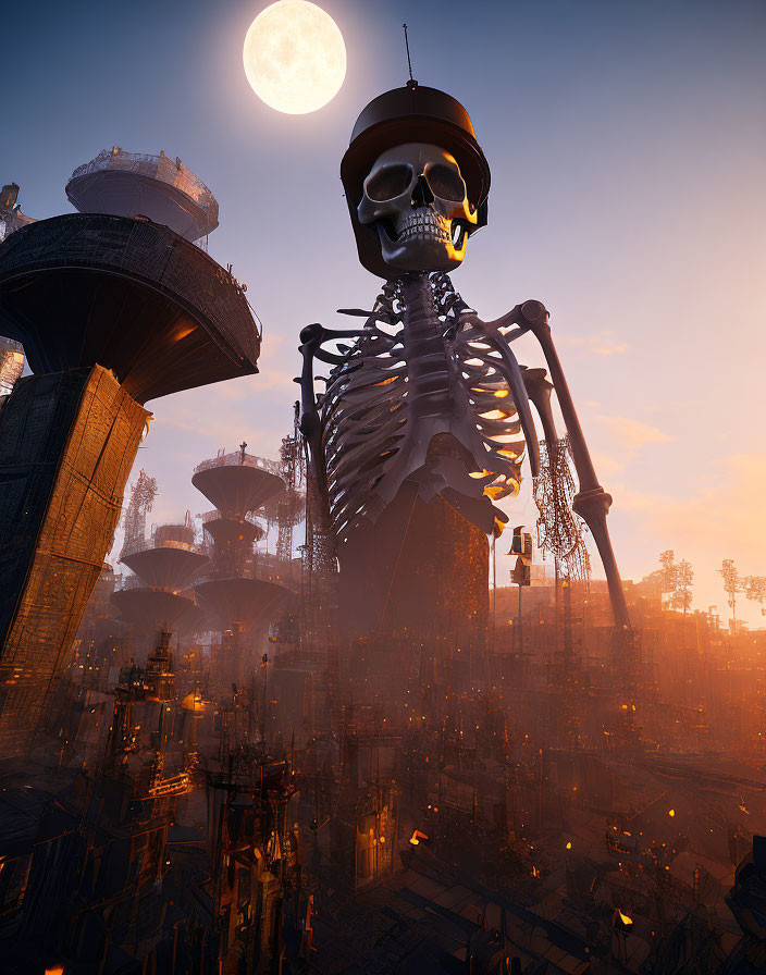 Gigantic skeleton overlooking futuristic cityscape with mushroom-like buildings at dusk