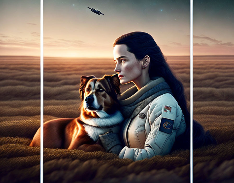 Woman in spacesuit with dog on alien planet at dusk