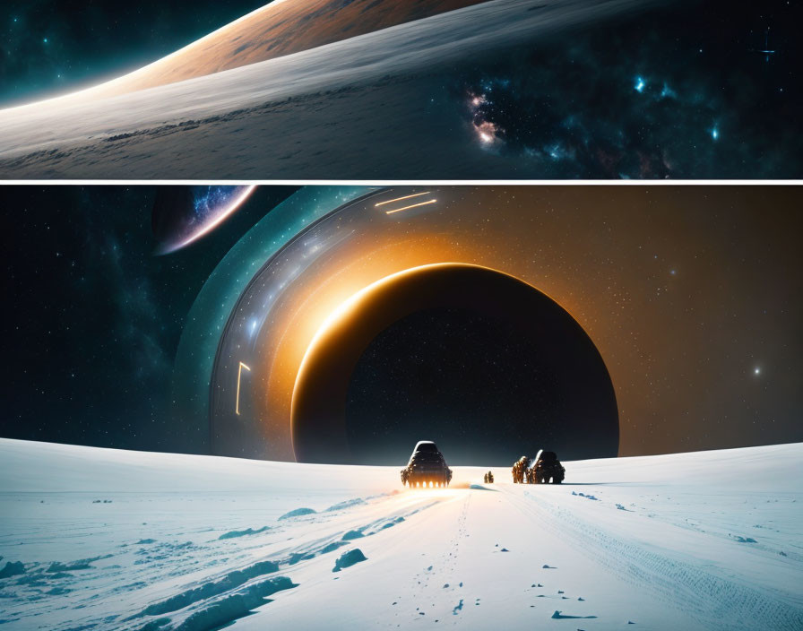 Split-Scene Sci-Fi Image: Planet from Space & Travelers on Snowy Surface