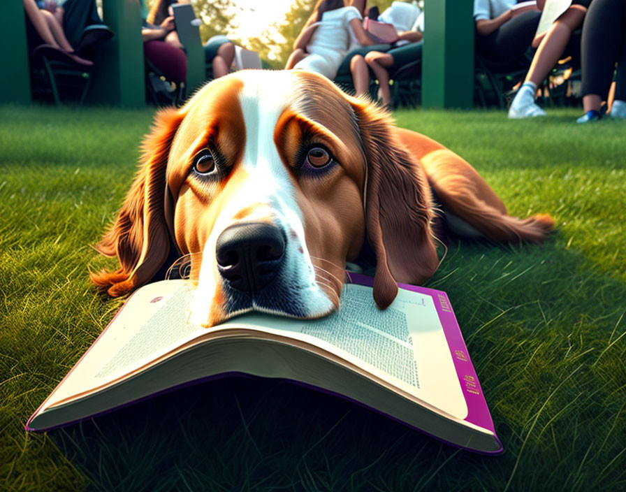 Brown and White Dog with Soulful Eyes Resting Near Open Book