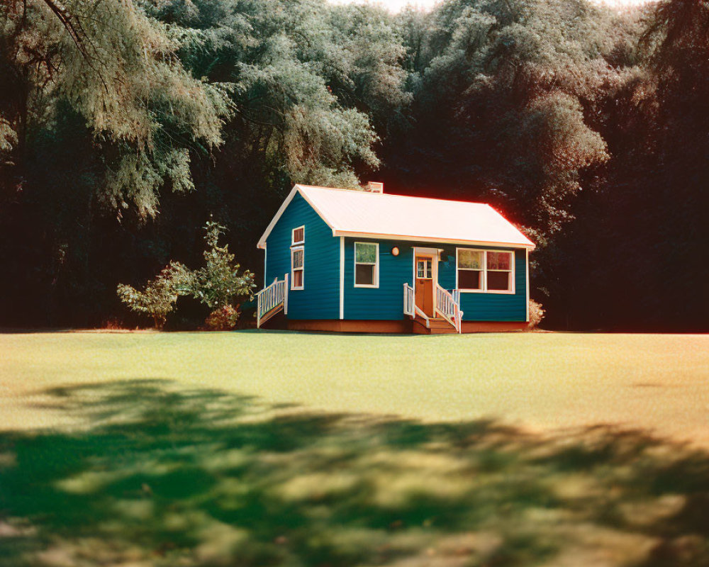 Blue house with red roof in lush green setting.