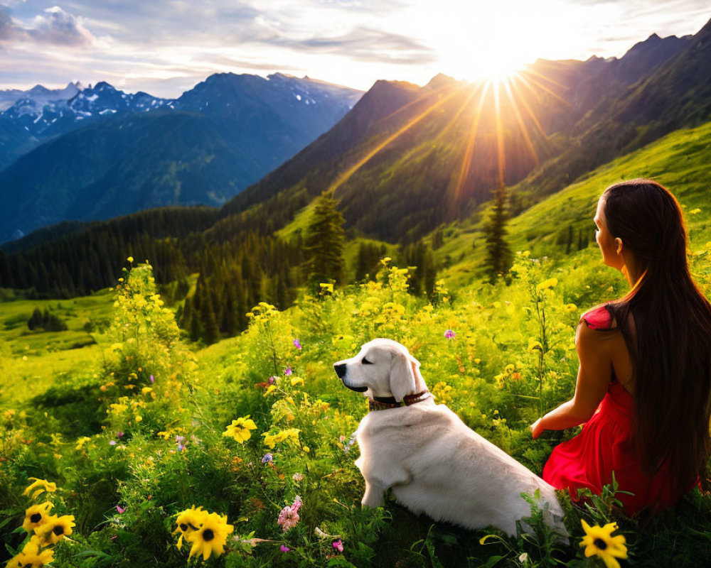 Woman in Red Dress with White Dog in Meadow at Sunset