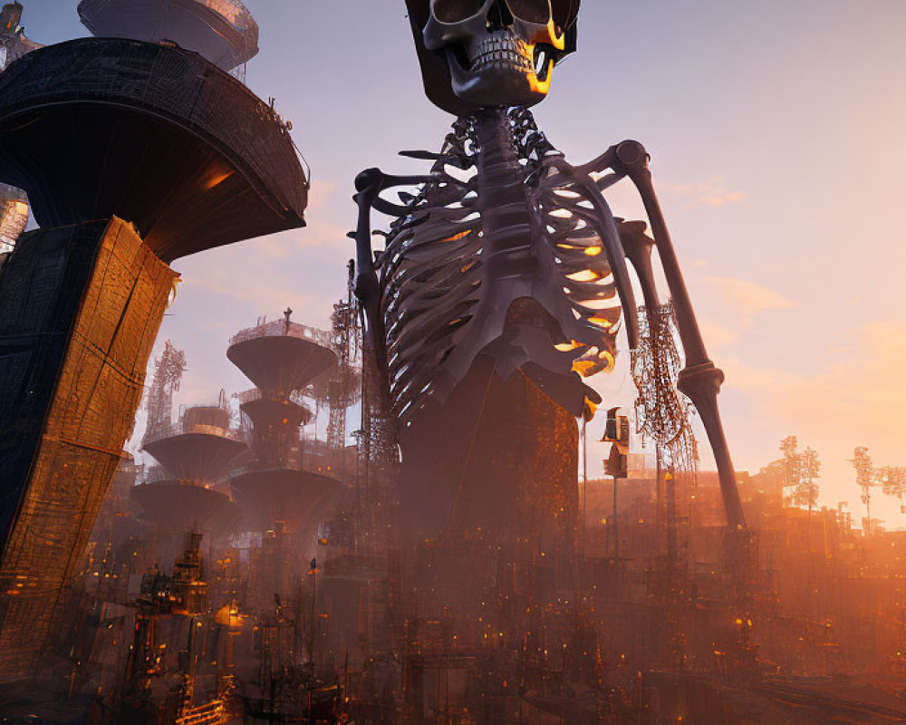 Gigantic skeleton overlooking futuristic cityscape with mushroom-like buildings at dusk