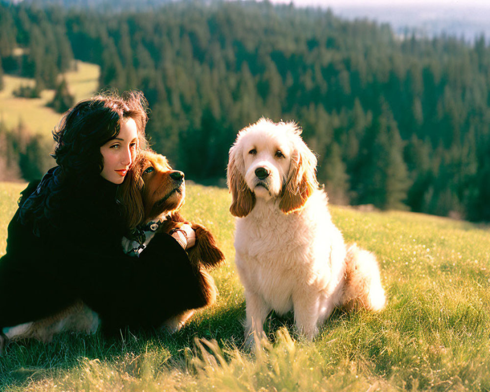 Woman with dark hair hugging two dogs in sunny field