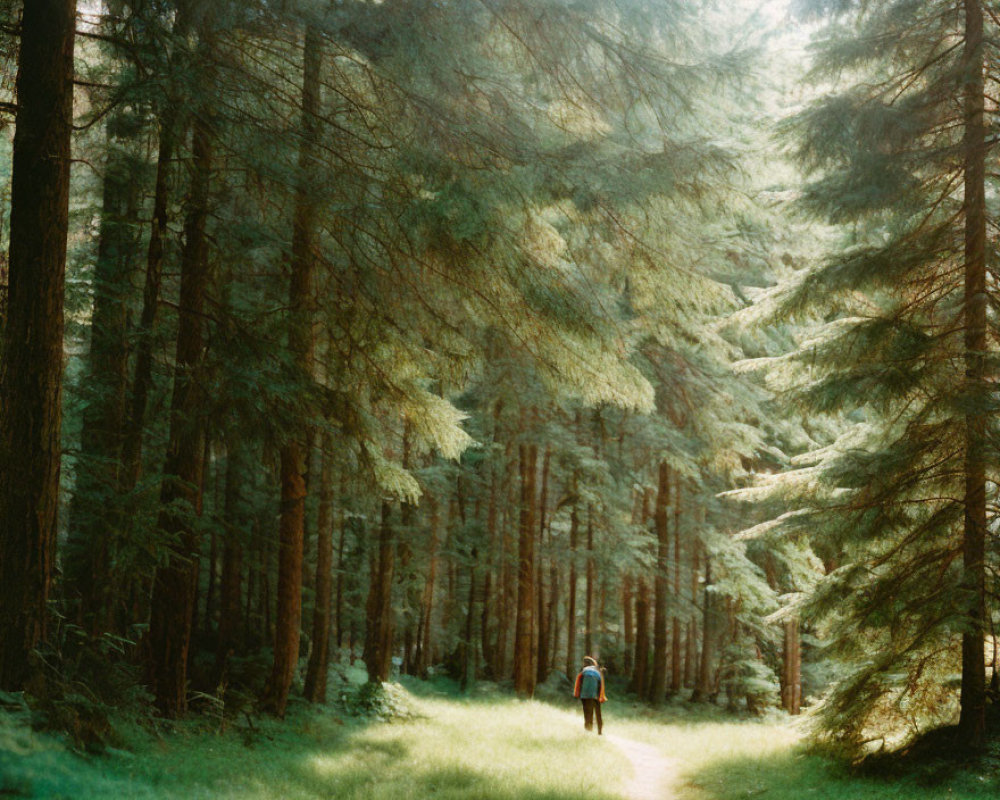 Person Walking Alone on Forest Path with Sunlight Filtering Through Pine Trees