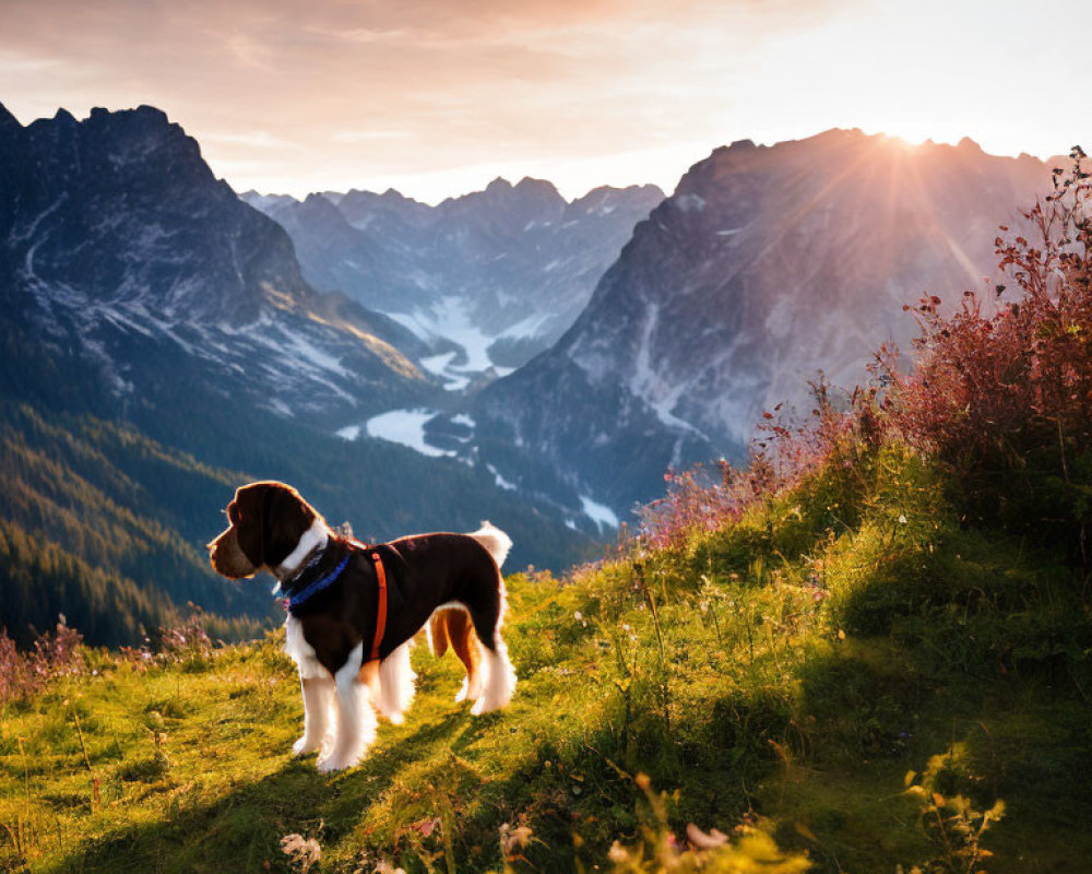 Dog on grassy hill with mountains at sunset.