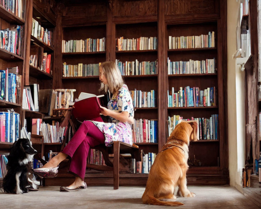 Woman reading book in cozy room with wooden bookshelf and attentive dogs