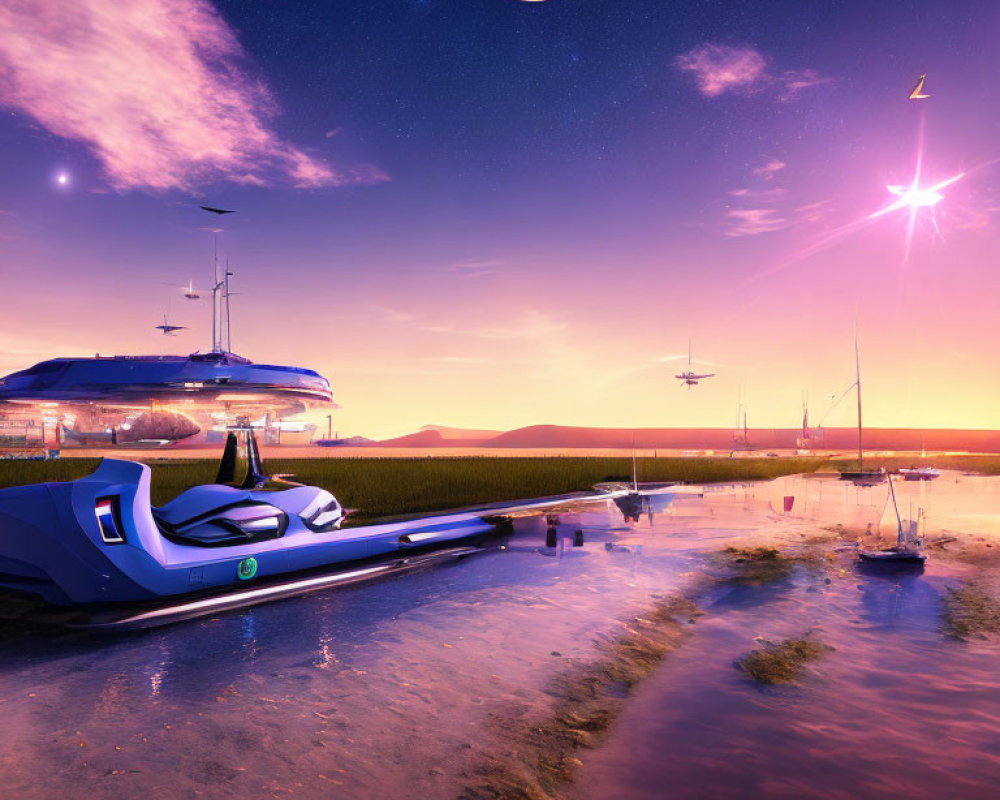 Futuristic twilight landscape with hover car, flying vehicles, and moon