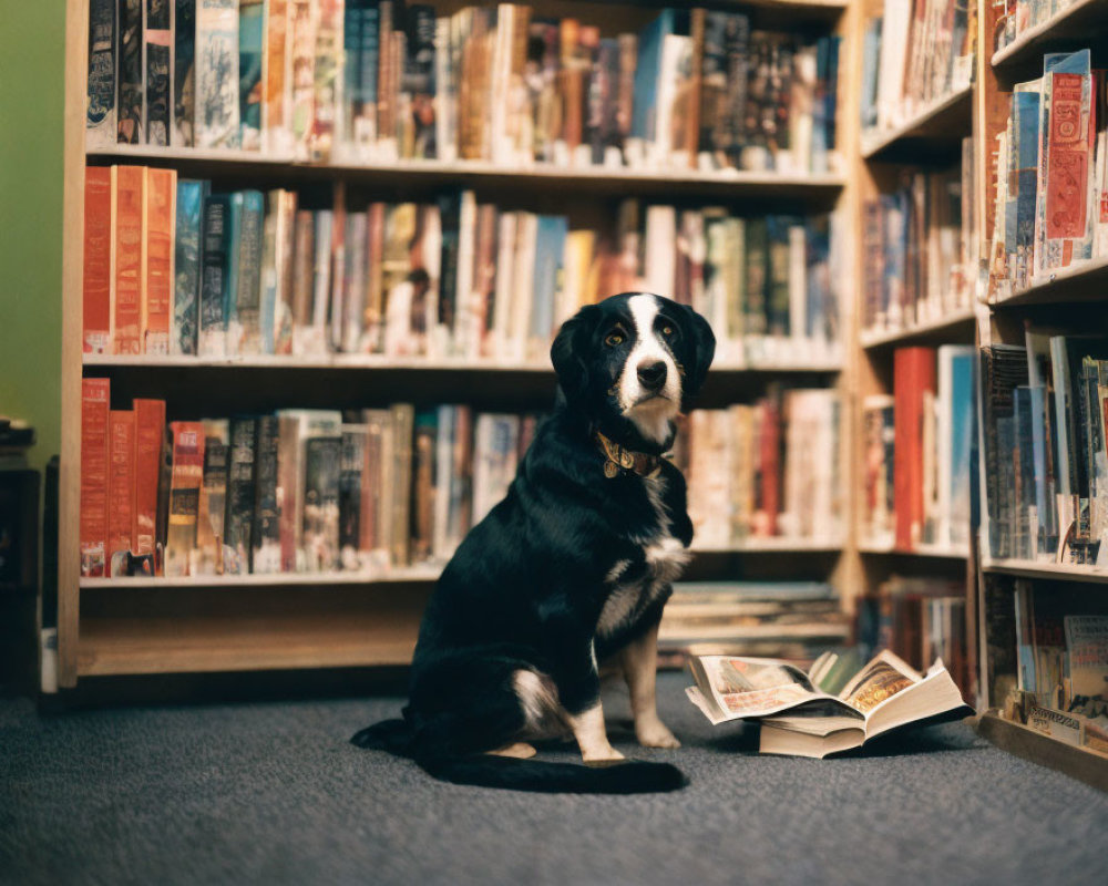 Black and White Dog Sitting in Front of Bookshelves with Books