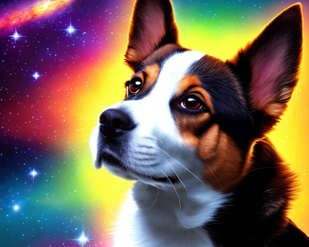 Vibrant Cosmic Background with Colorful Corgi Illustration