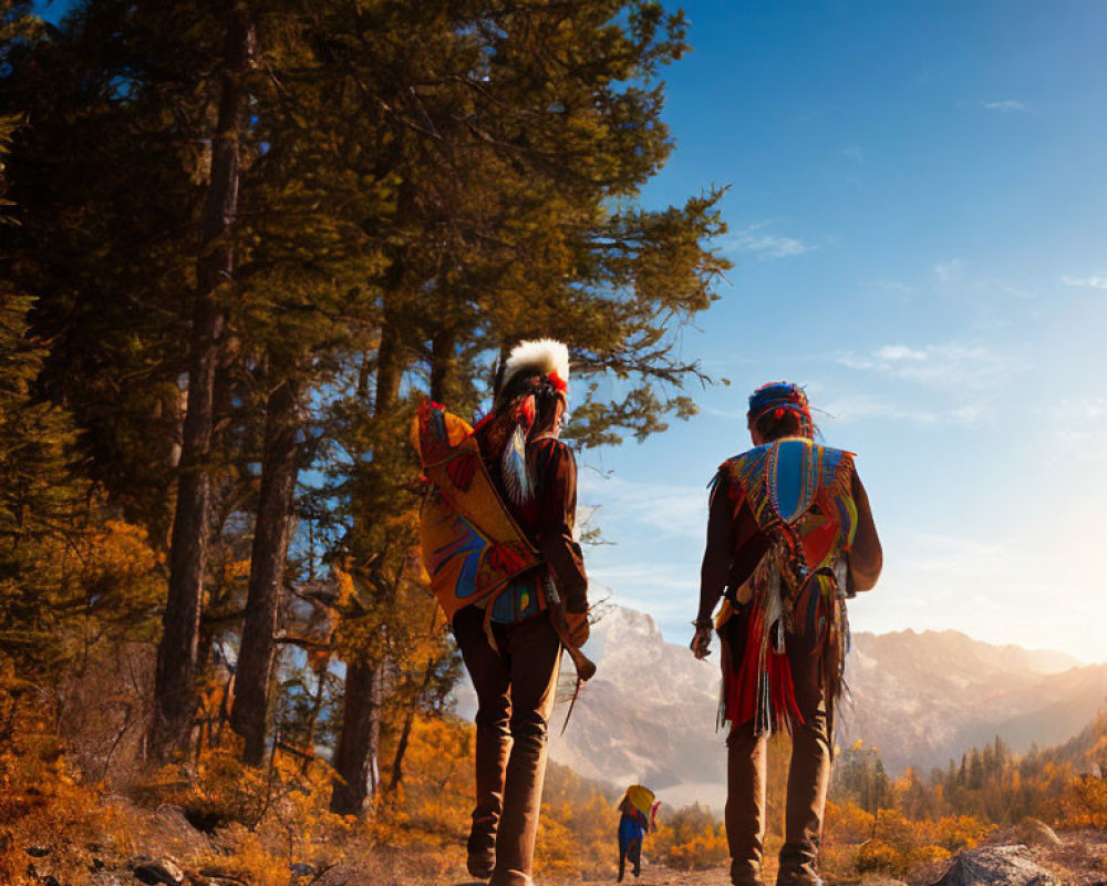 Traditional Attire Couple Walking Forest Path at Sunset