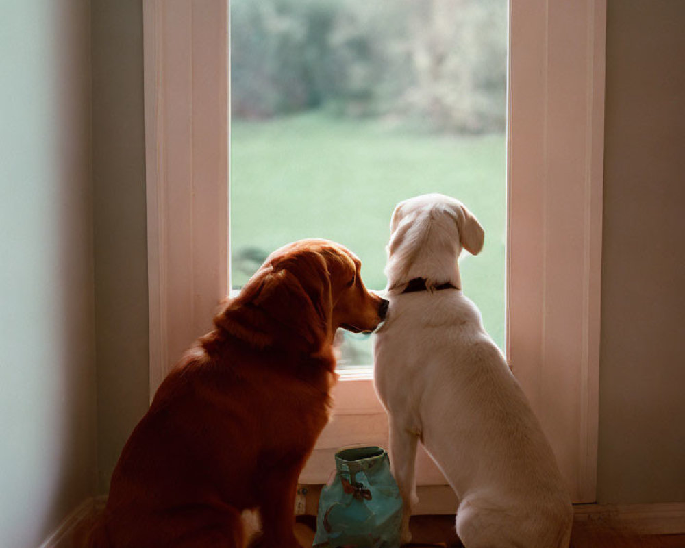 Two dogs sitting by door window: golden retriever & Labrador.