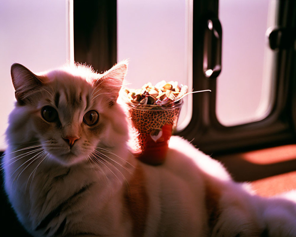 Fluffy white and cream cat next to small plant pot in sunlight