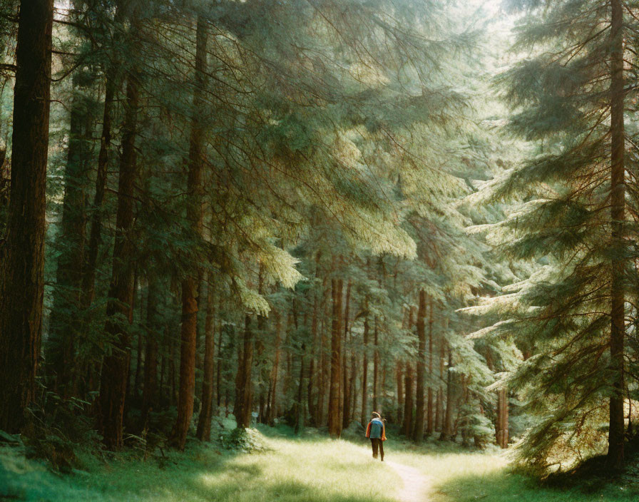 Person Walking Alone on Forest Path with Sunlight Filtering Through Pine Trees