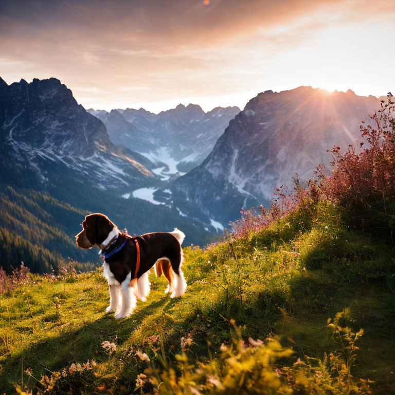 Dog on grassy hill with mountains at sunset.