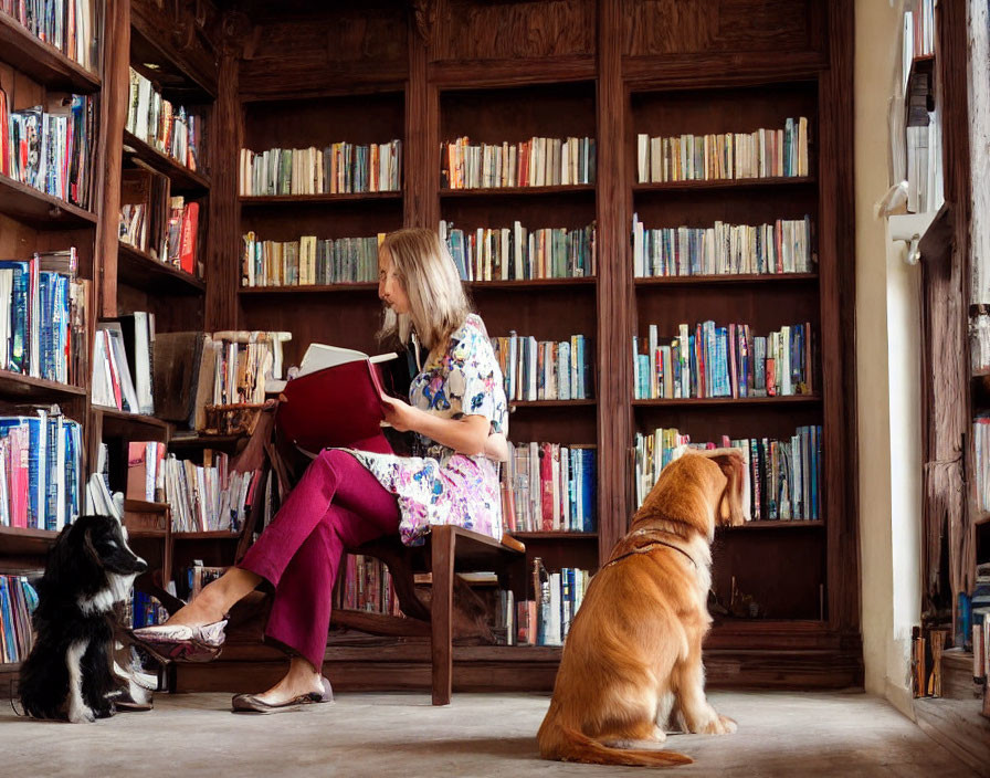 Woman reading book in cozy room with wooden bookshelf and attentive dogs