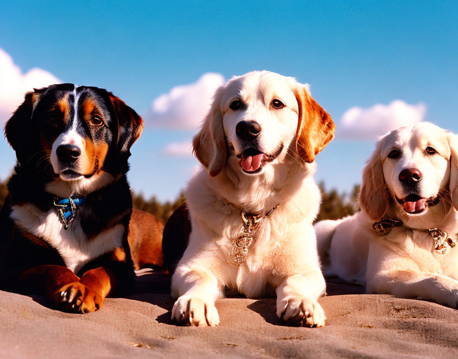 Tricolor, Golden, and Cream Dogs Sitting on Sand Under Blue Sky