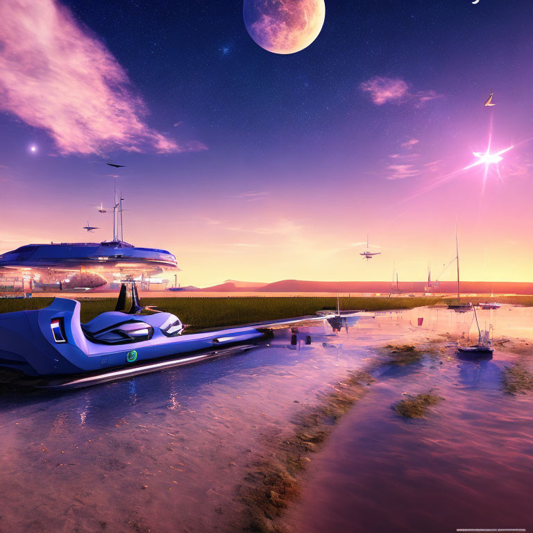 Futuristic twilight landscape with hover car, flying vehicles, and moon