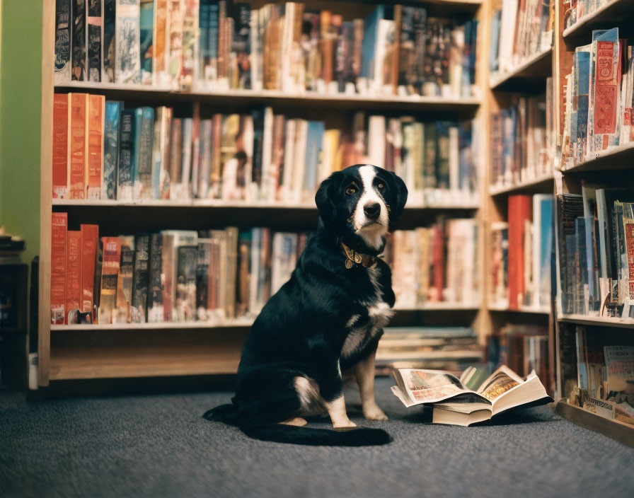 Black and White Dog Sitting in Front of Bookshelves with Books