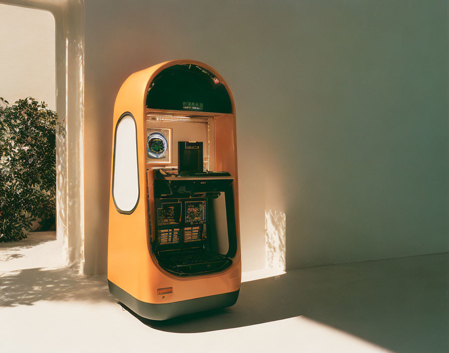 Vintage orange jukebox with vinyl records against white wall in ambient light