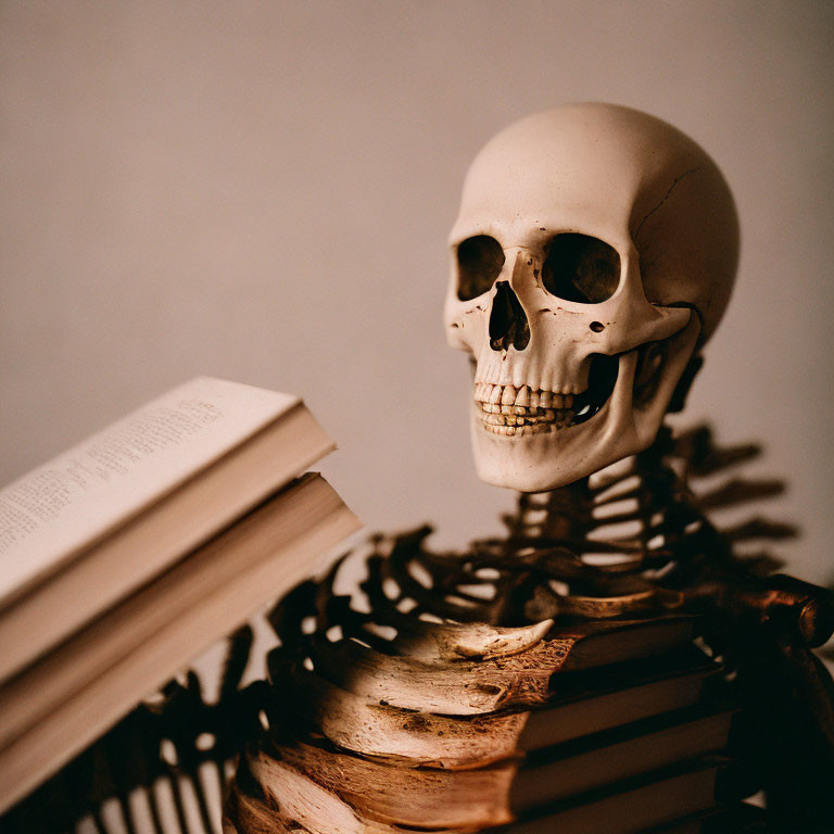 Human skeleton with open book symbolizes scholarly contemplation