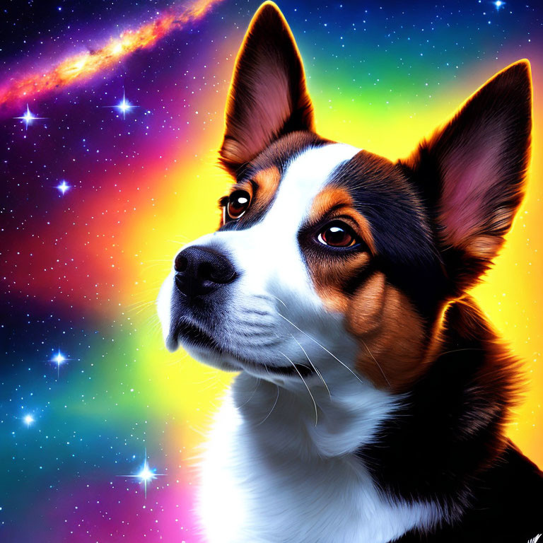 Vibrant Cosmic Background with Colorful Corgi Illustration