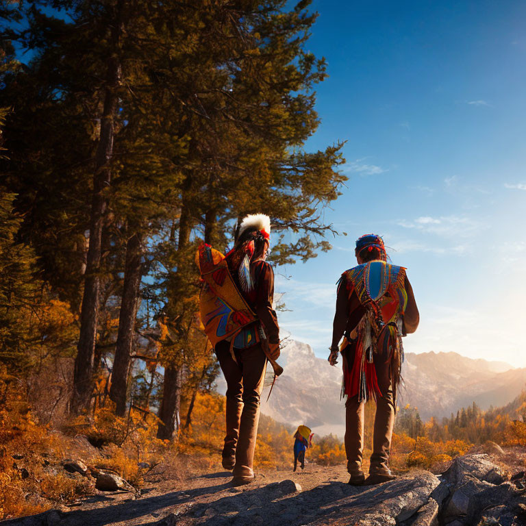 Traditional Attire Couple Walking Forest Path at Sunset