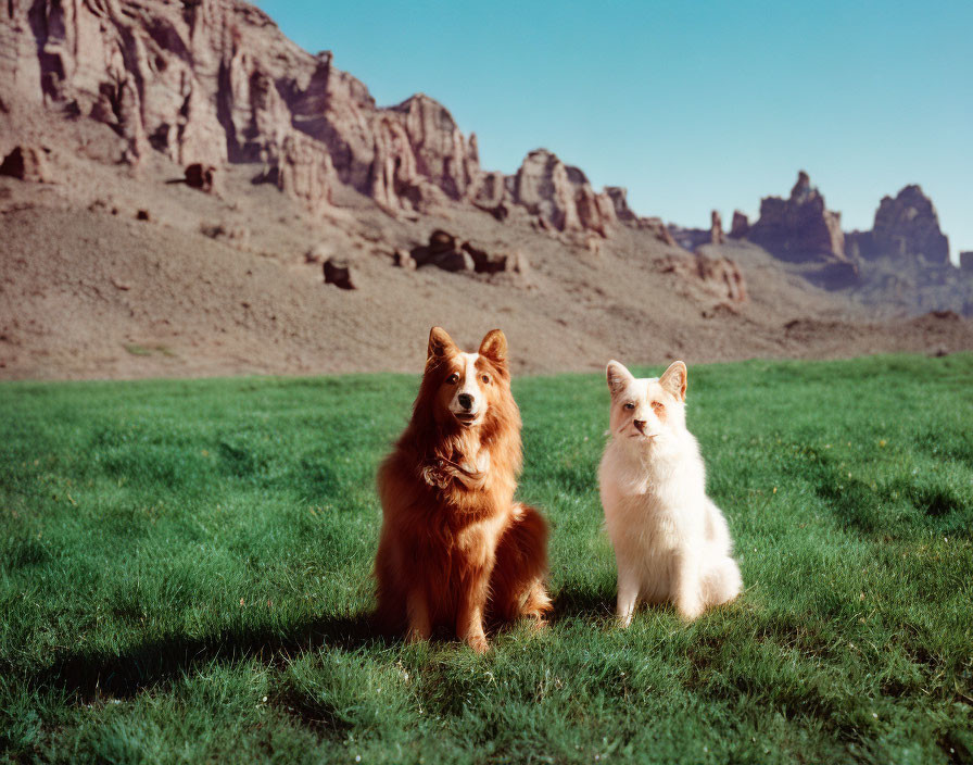 Two dogs on grass with rocky hills and blue sky.